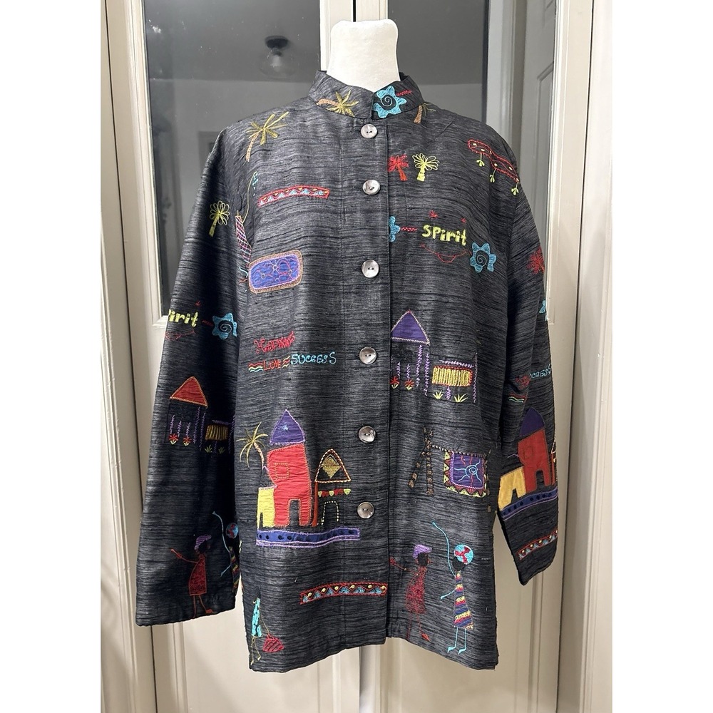 Vintage Chico's Silk Blend Embroidered Art Jacket Button Front Size Large Boho